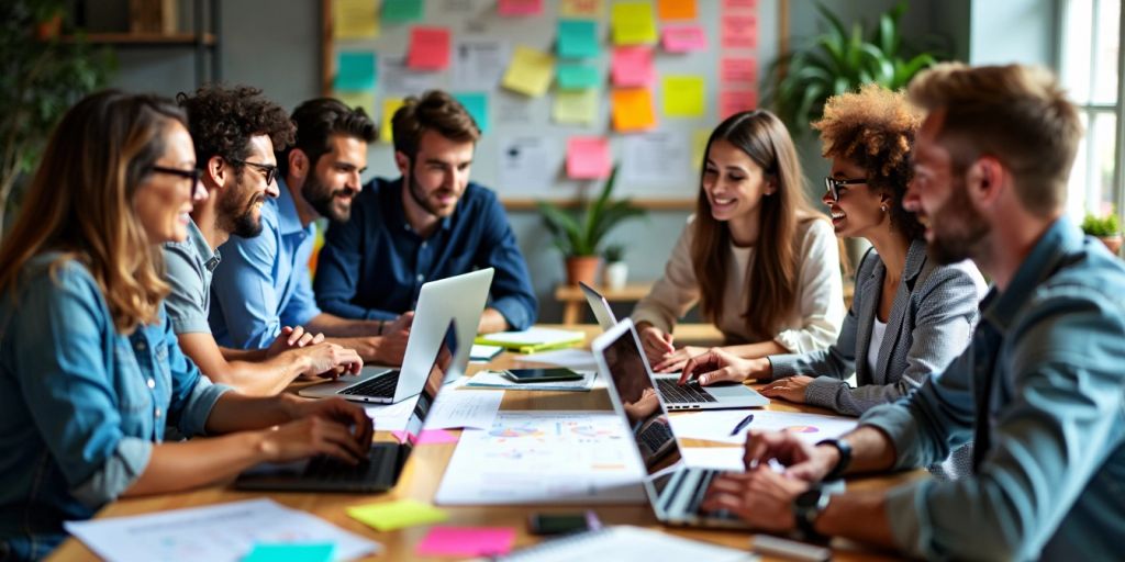 Equipo diverso colaborando en un espacio de trabajo.