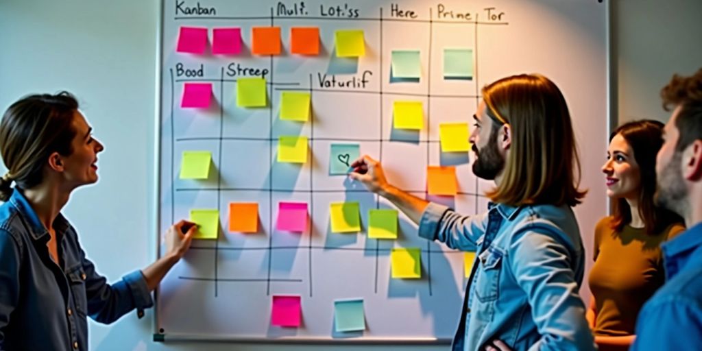 Tablero Kanban con notas adhesivas coloridas.