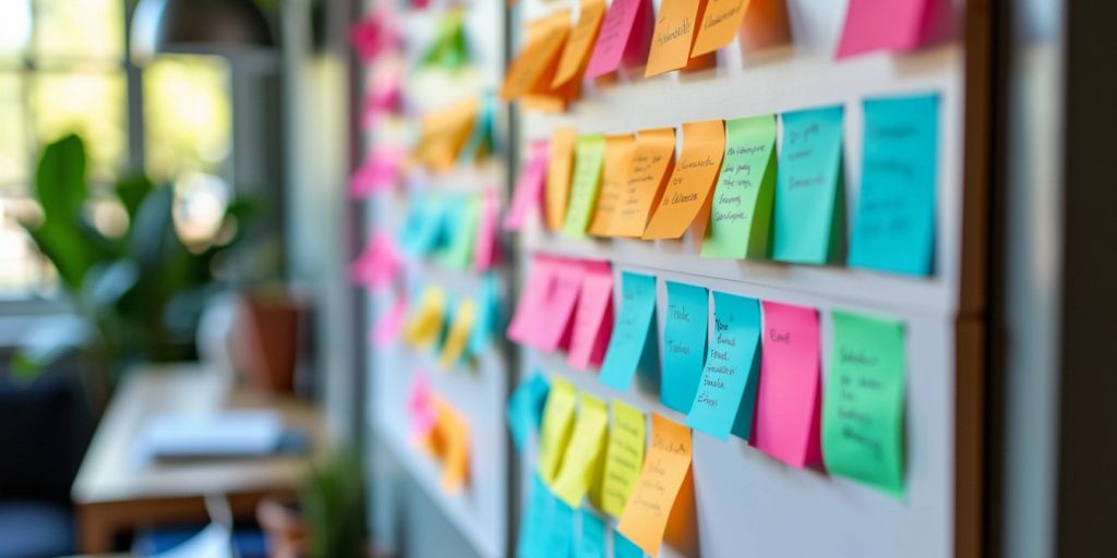 Tableros Kanban coloridos y organizados en un espacio de trabajo.